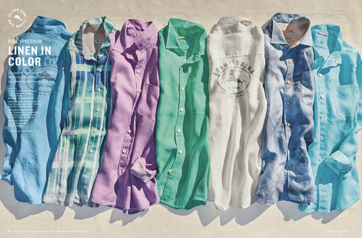 Tommy Bahamas flat design product catalogue with contextual photography