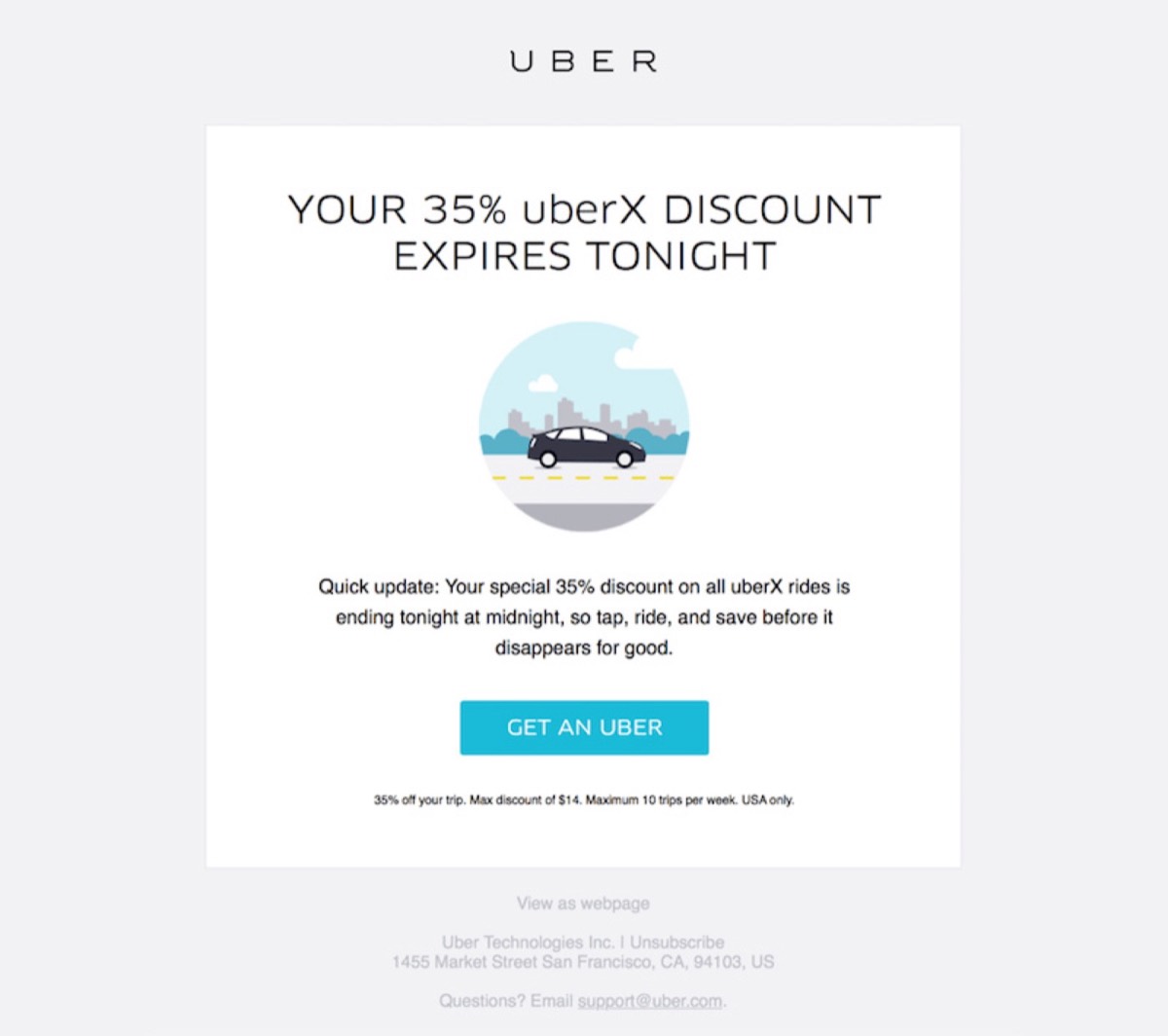 Uber email design with clear CTA button