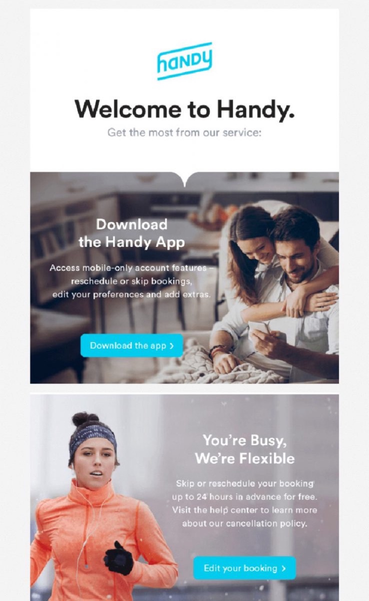 Divided email campaign layout with two CTAs