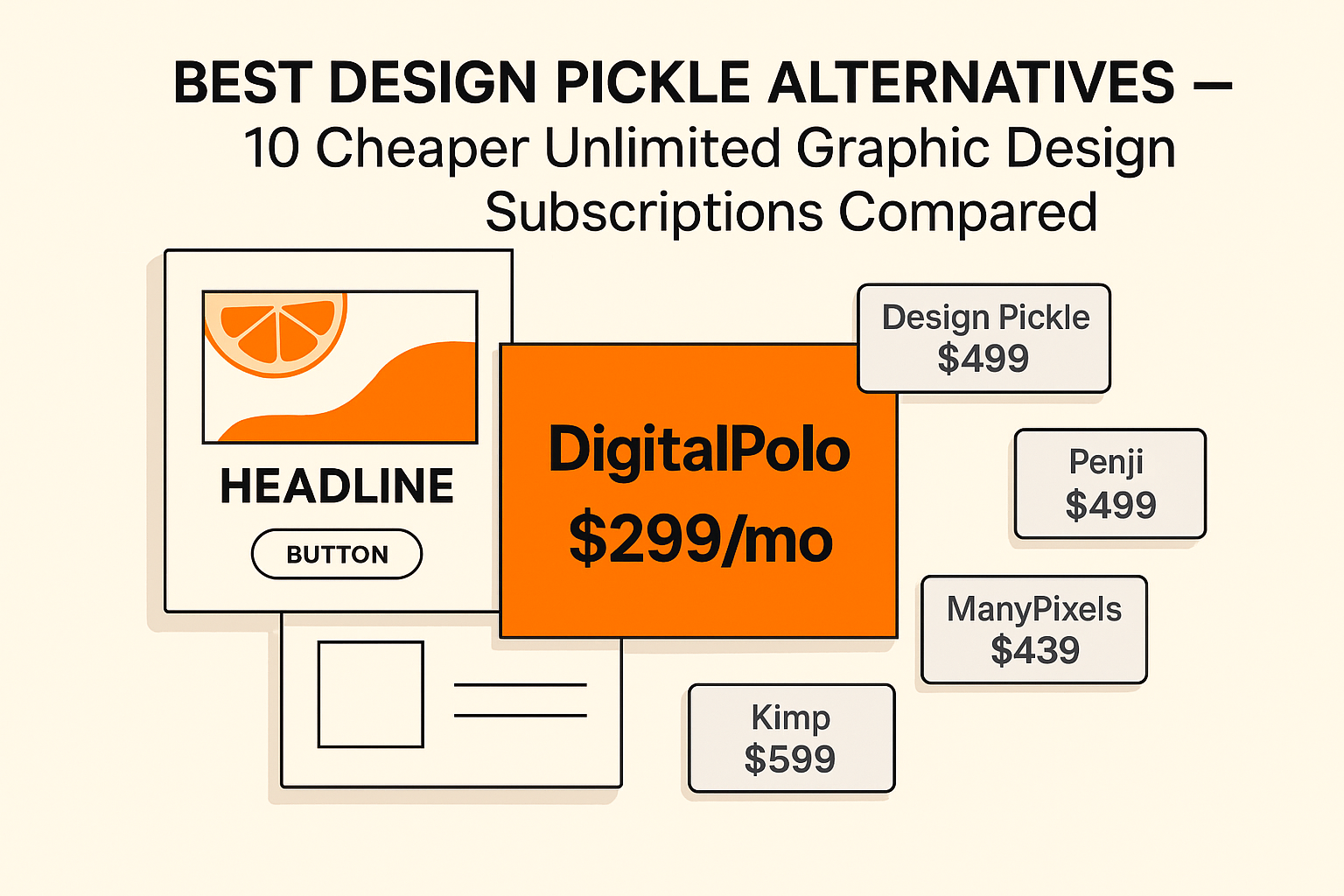 Best unlimited graphic design services for small business in 2026 — pricing comparison of DigitalPolo, Design Pickle, Penji, ManyPixels, Kimp, Flocksy, and Undullify