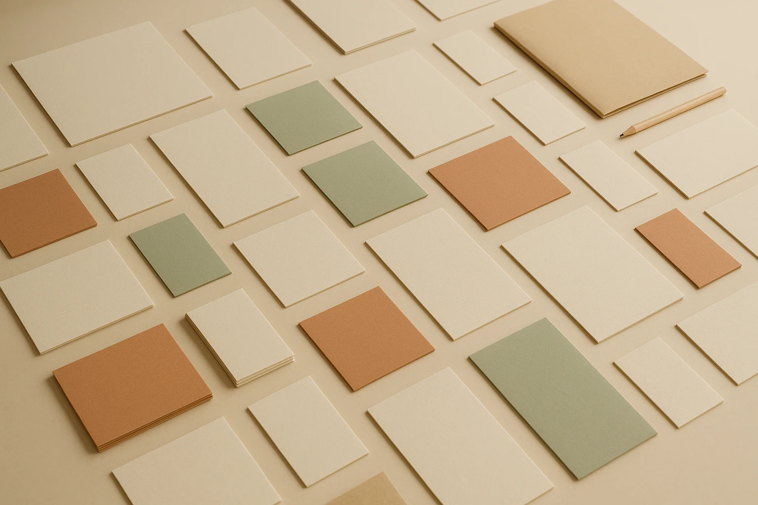 Design retainer for media-only clients — a neatly arranged grid of blank printed ad cards in square, portrait and landscape formats on a warm neutral studio surface, representing the monthly creative variant library a design retainer produces for an agency's paid campaigns