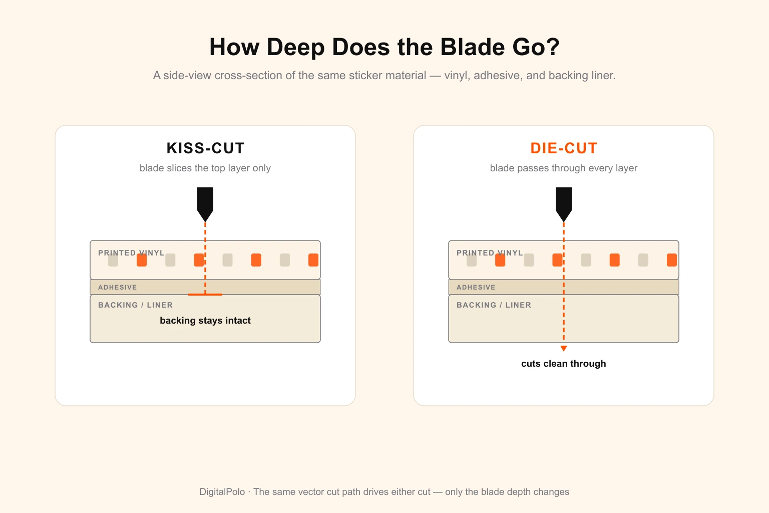 Kiss-cut versus die-cut sticker cross-section — a kiss-cut sticker where the blade slices only the top vinyl layer and stops at an intact backing sheet, beside a die-cut sticker where the blade cuts cleanly through both the vinyl and the backing to follow the custom shape